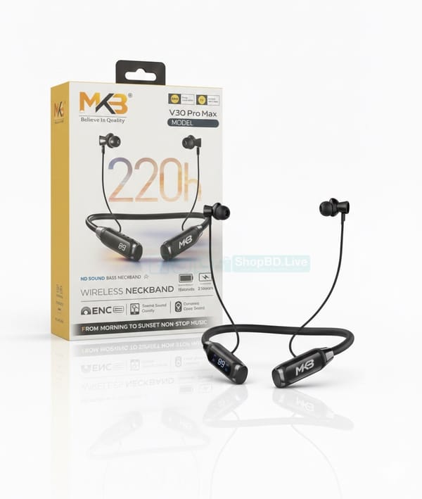 MKB V30 Pro Max Wireless Neckband Bluetooth 5.4 ENC 220H Battery | Price in BD