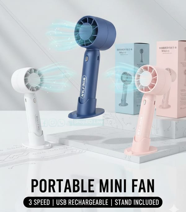 Portable Mini Handheld Fan T10 – USB Rechargeable, 2200mAh Battery, 3 Speed, Mobile Stand | Large Airflow | Price in BD