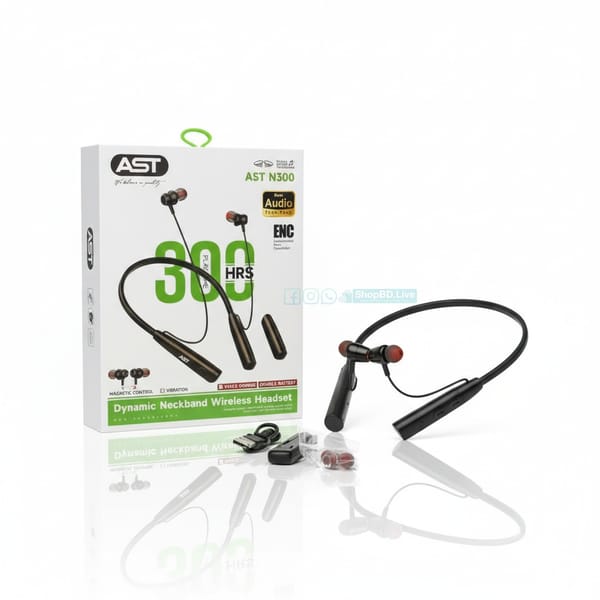 AST N300 Neckband Wireless Headset – Dual Battery & Magnetic Control | Price in BD