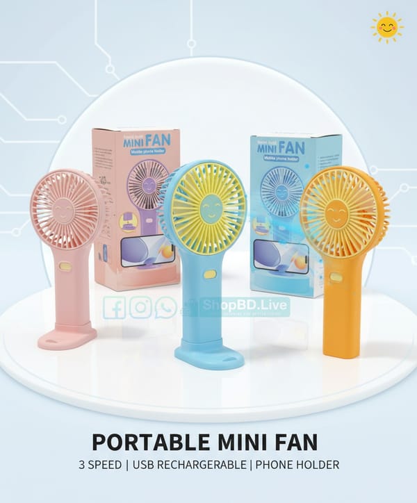 Mini Portable Rechargeable Fan HK59 – Handheld USB Fan with Mobile Holder, 400mAh Battery | Price in BD