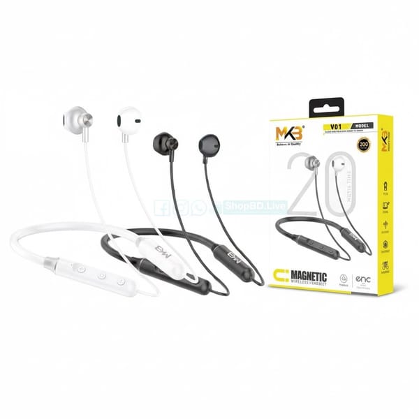 MKB V01 Magnetic ENC Wireless Neckband Bluetooth 5.3 with 20H Playtime | Price in BD