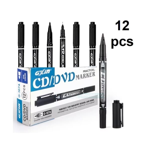 GXin G-107A Black CD/DVD Permanent Marker Pen for Writing and Marking - 12Pcs