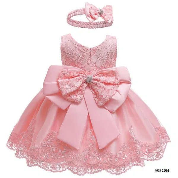 Baby Girls Princess Lace Bow Party Dress with Headband (0 to 4 years)