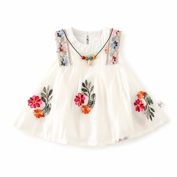 Baby Girl Summer Elegant Floral Embroidered Romper Sleeveless Party Dress (0 to 18 months) with Necklace