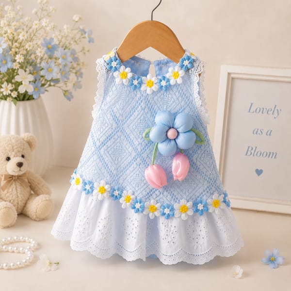 Baby Girls Floral Lace Romper Dress with 3D Flower Applique & Embroidered Hem (0 to 3 years) for yours BABUU