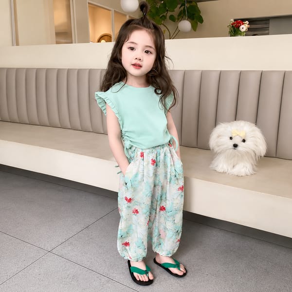 Kids Mint Green Butterfly Floral Girls Outfit Set Top & Wide Leg Pants (1 to 6 years) for yours BABUU