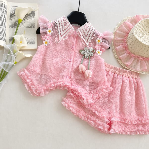 Kids Girl Elegant Pink Lace Outfit Set with Ruffle Skirt Pant & Sun Hat (1 to 6 years) for yours BABUU