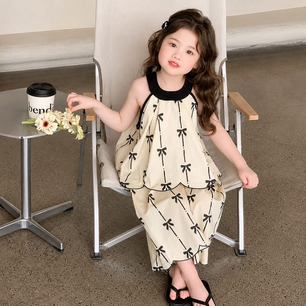 Kids Girls Elegant Bow Print Sleeveless Summer Top & Wide Leg Pants Dress Set (1 to 6 years)
