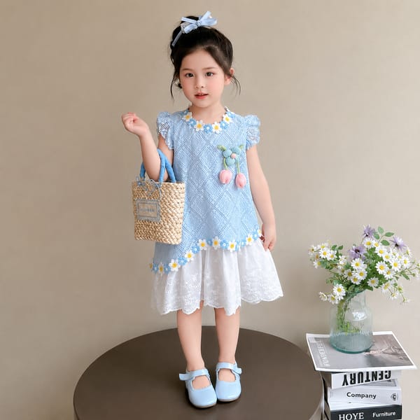Kids Girls Elegant Summer Blue Lace Floral Party Dress (1 to 6 years) for yours BABUU