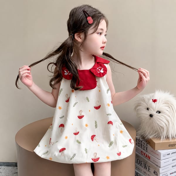 Kids Girls Mushroom Print Red Collar Balloon Dress (1 to 6 year) for your BABUU