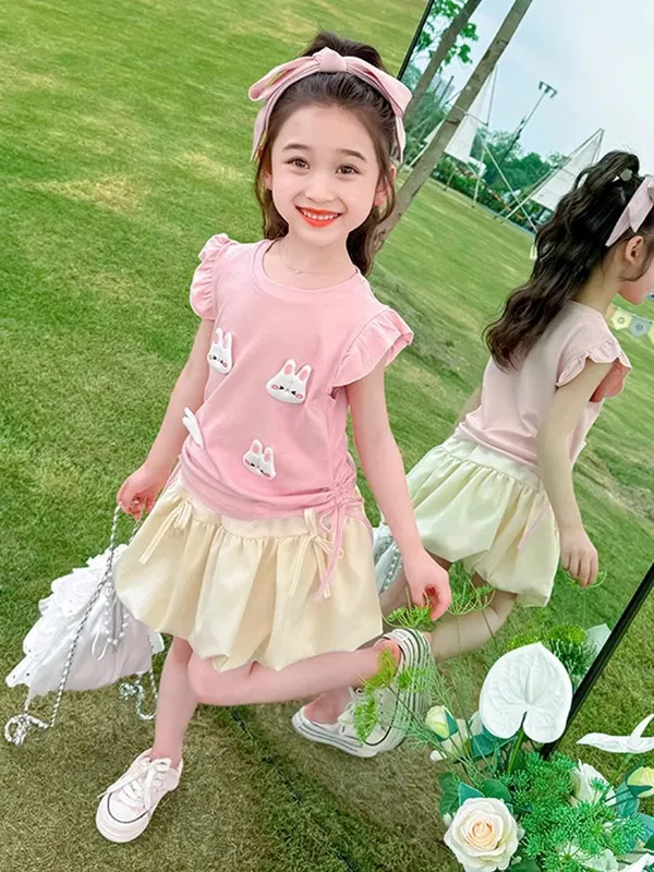 Kids Girls Summer Outfit Set Cute Duck Appliqué Top with Tulle Skirt Set (1 to 5 years)