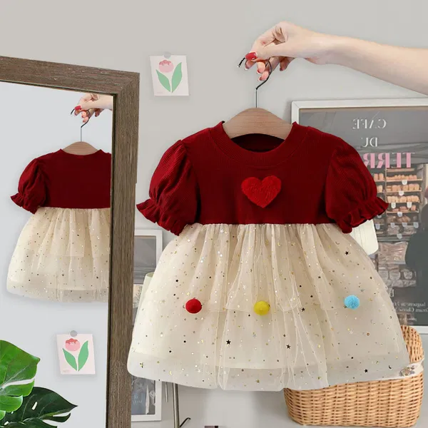 Baby Girl Flying Sleeves Red Heart Tulle Summer Princess Dress (6 months to 3 years)
