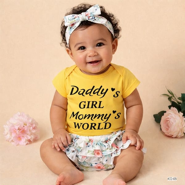Baby Girl 3PCS Outfit Set – Daddy’s Girl Mommy’s World Bodysuit with Floral Bloomer & Headband