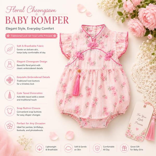 Baby Girl Floral Cheongsam Pink Traditional Style Romper Dress (0 to 18 months)