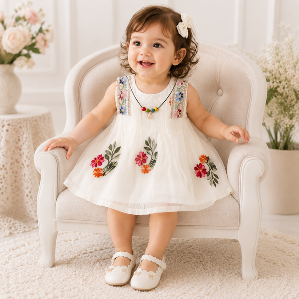 Baby Girl Summer Elegant Floral Embroidered Romper Sleeveless Party Dress (0 to 18 months) with Necklace
