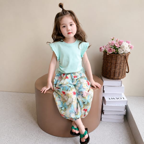 Kids Mint Green Butterfly Floral Girls Outfit Set (1 to 6 years)