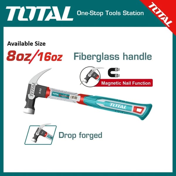 TOTAL THTS7308 Claw Hammer, 8oz (220g), Drop-Forged Carbon Steel, Fiberglass Handle | Model: THTS7308