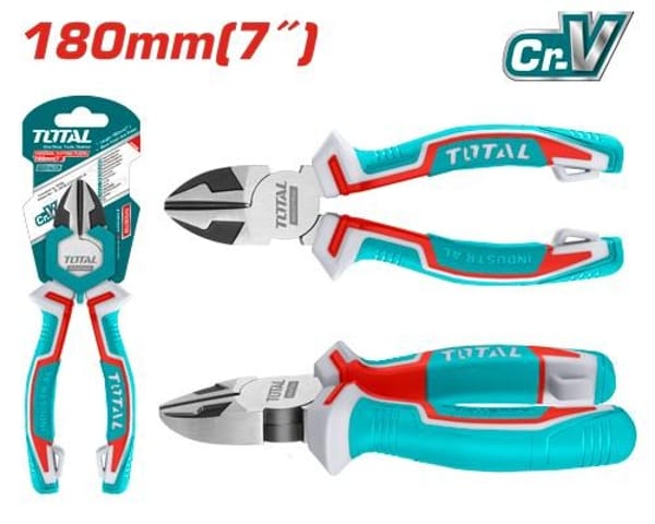 TOTAL THT230706 Diagonal Cutting Pliers, 7" (180mm), Cr-V Steel, Black Finish & Polish, TPR Three-Color Handle | Model: THT230706