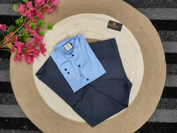 Band collar sky shirt with nevy formal pant combo