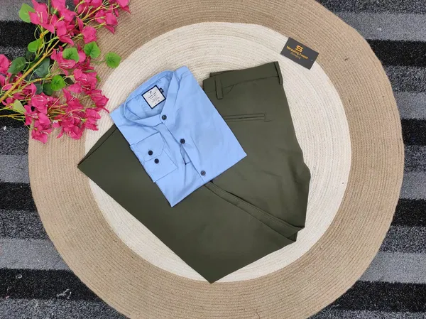 Band collar sky shirt with olive formal pant combo