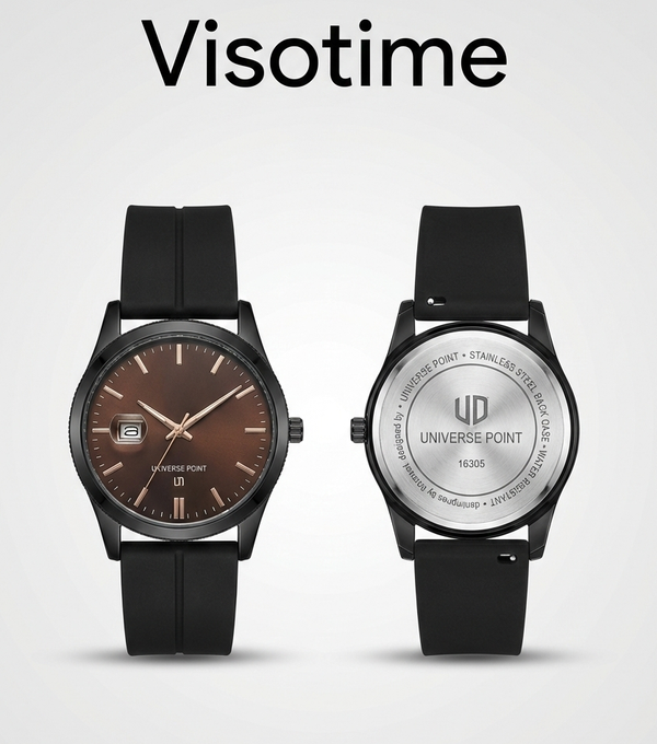 Universe Point 16305 Men's Analog Watch - Black Case, Brown Sunburst Dial with Date, and Silicone Strap