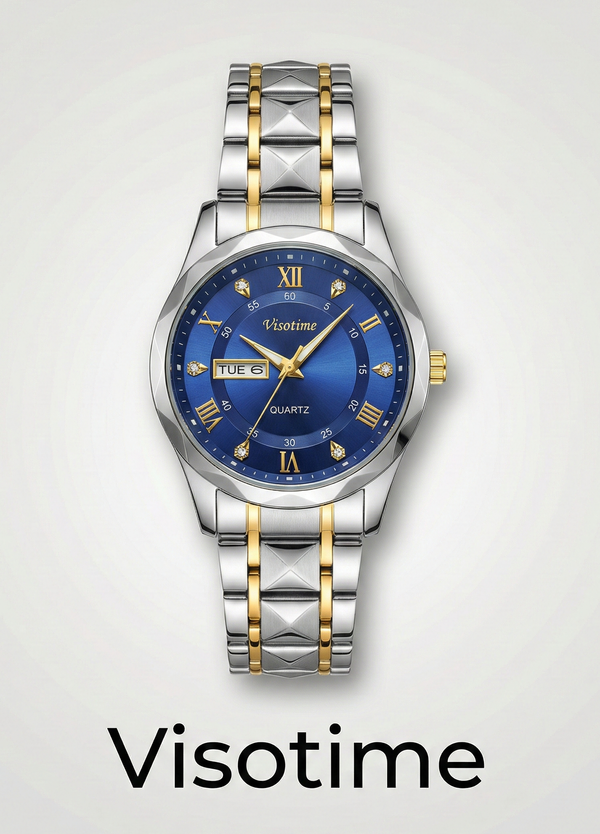 Men's Two-Tone Quartz Watch with Blue Dial and Day-Date Display