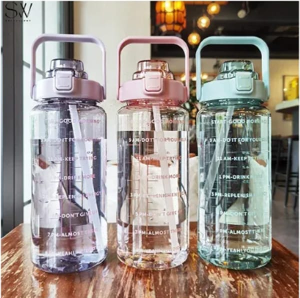2000ml1pc Gradient Frosted Water Bottle With Handle Outdoor Portable Straw Cup
