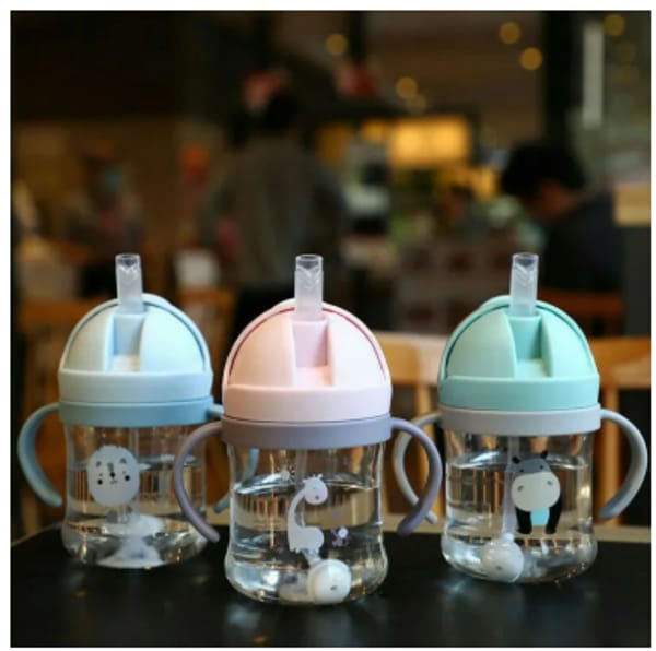 Baby learning to drink 300ml straw cup with gravity ball anti-grab water bottle portable handle scale kindergarten drop-resistant plastic cup
