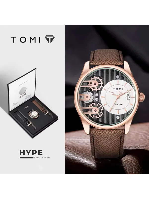 TOMI T-106 Face Gear Dual Strap Leather Belt Watch (Brown-Rosegold)