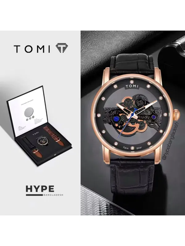 TOMI T-102 Face Gear Transperent Dual Strap Leather Belt Watch (Black-Rosegold)