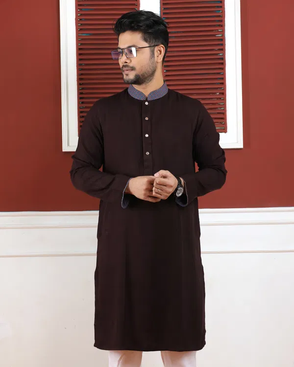 Rich Maroon Panjabi with Patterned Collar and Cuffs