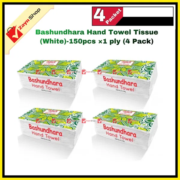 Bashundhara Hand Towel Tissue (White)-150pcs ×1 ply (4 Pack)
