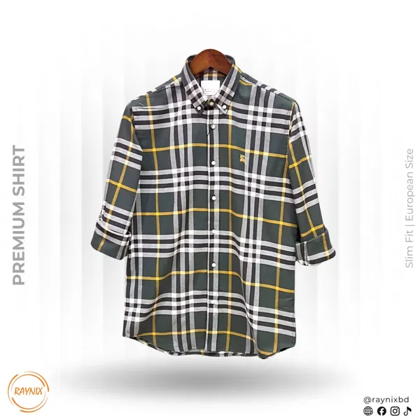 Burberry Men’s Premium Forest Green & Yellow Plaid Slim-Fit Casual Shirt