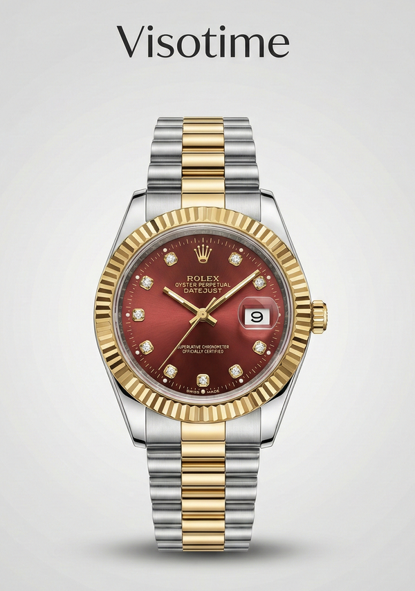 Rolex Oyster Perpetual Datejust Two-Tone Watch with Red Diamond Dial and Jubilee Bracelet