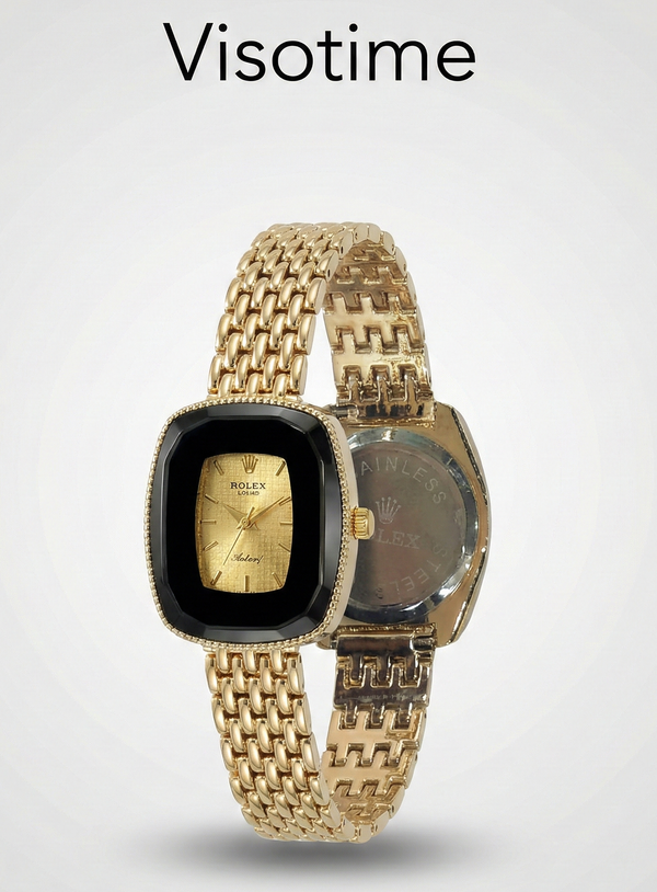Ladies' Gold-Tone Watch with Black Cushion Case