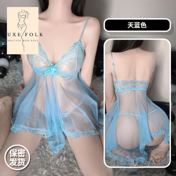 Sexy Mesh Lace Nightdress Pajama Set for Women – Perspective Lingerie Sling Sleepwear (Free Size)