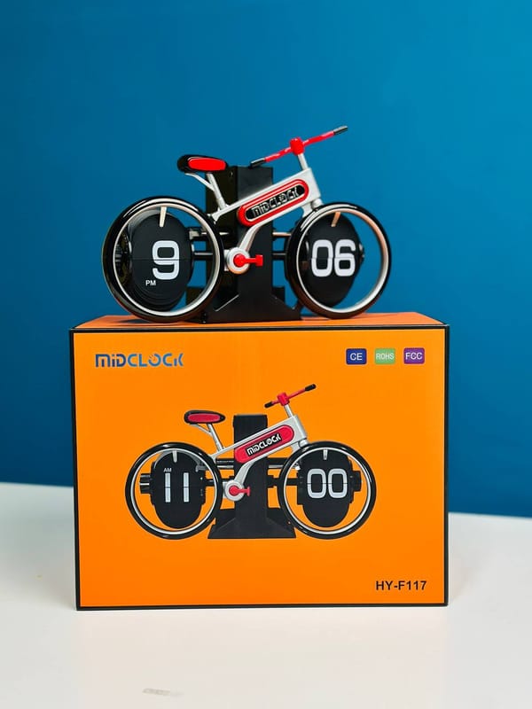 MidClock HY-F117 Unique Bicycle Vintage Flip Desk Clock – White + Red Color