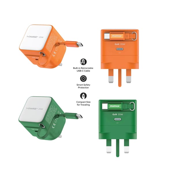 Momax 1-Charge+ 35W GaN USB-C Fast Charger with Built-in Retractable Cable Green Orange | Price in BD