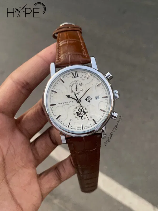 Patek philippe leather belt chronograph watch (Brown-White))