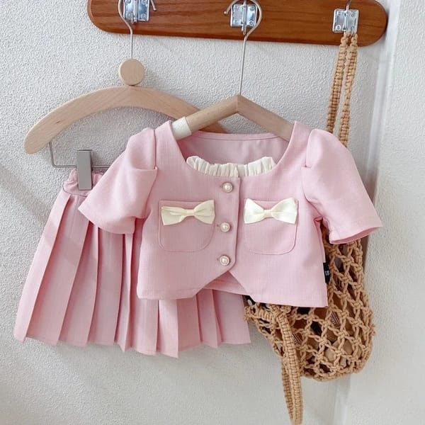 Baby Girl Elegant Summer Cotton Clothing Set Short Sleeve Coat with Pleated Skirt (2 to 6 years)