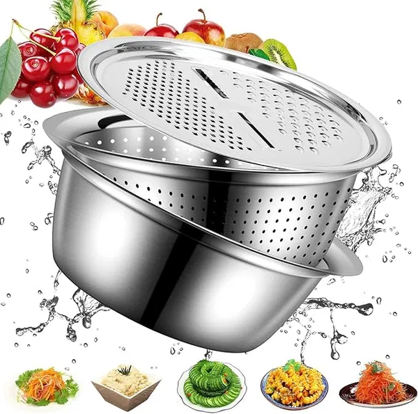 3-in-1 Stainless Steel Grater Bowl – Multifunctional Vegetable Chopper, Slicer & Strainer
