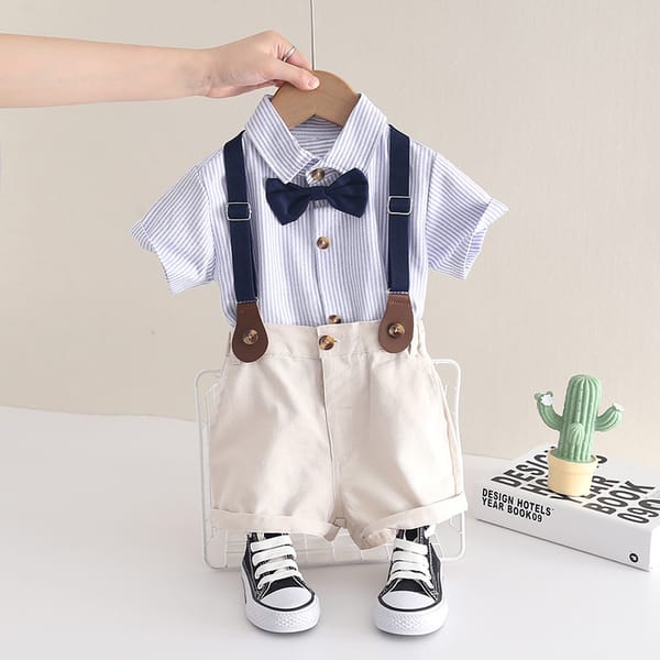 Kids Boys Summer Gentleman Outfit – Bow Tie Shirt & Shorts with Suspenders (6 Months to 5 Years)