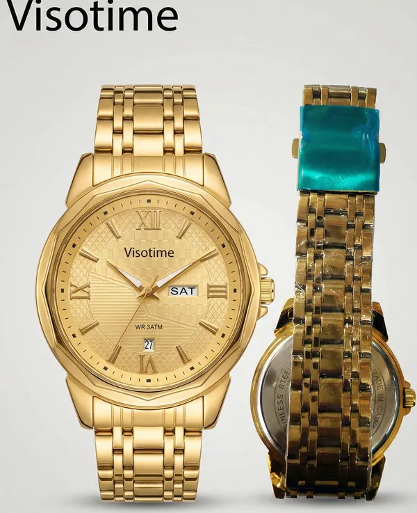 Gold-Tone Stainless Steel Analog Watch with Day and Date Display