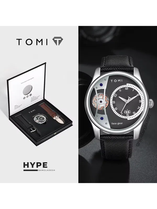 TOMI T-105 Face Gear Dual Strap Leather Belt Watch (Black)