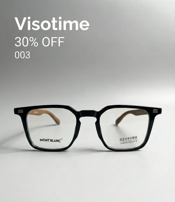 Montblanc Classic Square Eyeglasses – Gloss Black Frame with Wood-Textured Temples and Anti-Blue Light Lenses