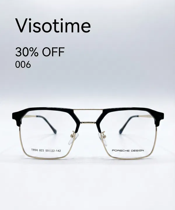 Visotime Modern Geometric Double-Bridge Eyeglasses – Black & Gold (Model 006)