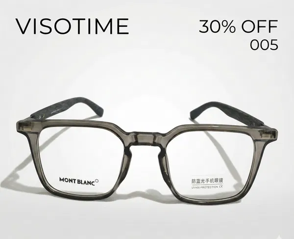Mont Blanc Geometric Square Eyeglasses – Translucent Smoke Grey with Anti-Blue Light & UV400 Protection