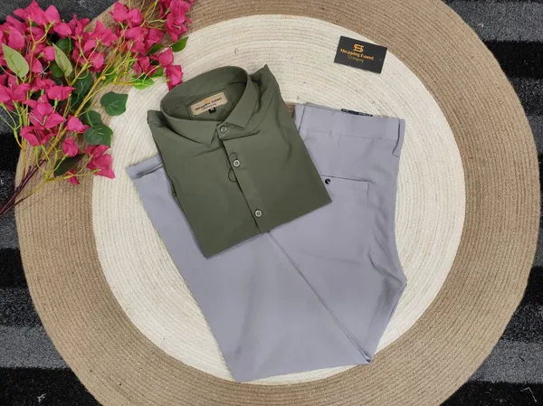 Gabadine Ash pant with Olive shirt