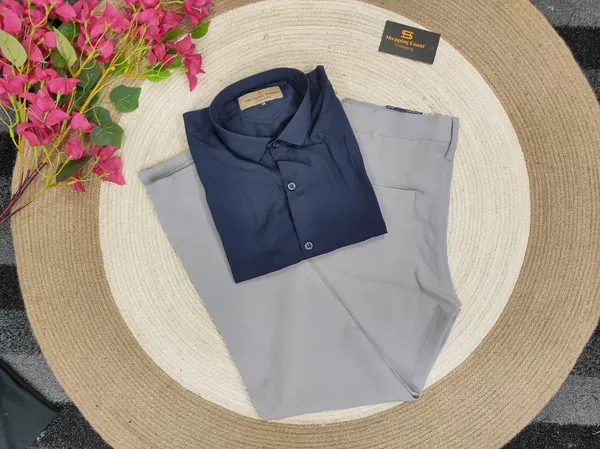 Gabadine Ash pant with nevy shirt