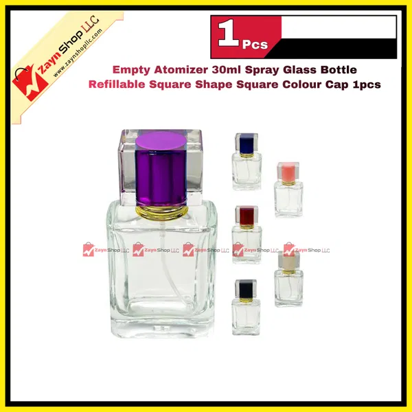 Empty 30ml Perfume Atomizer Spray Glass Bottle Refillable Square Shape Square Colour Cap 1pcs
